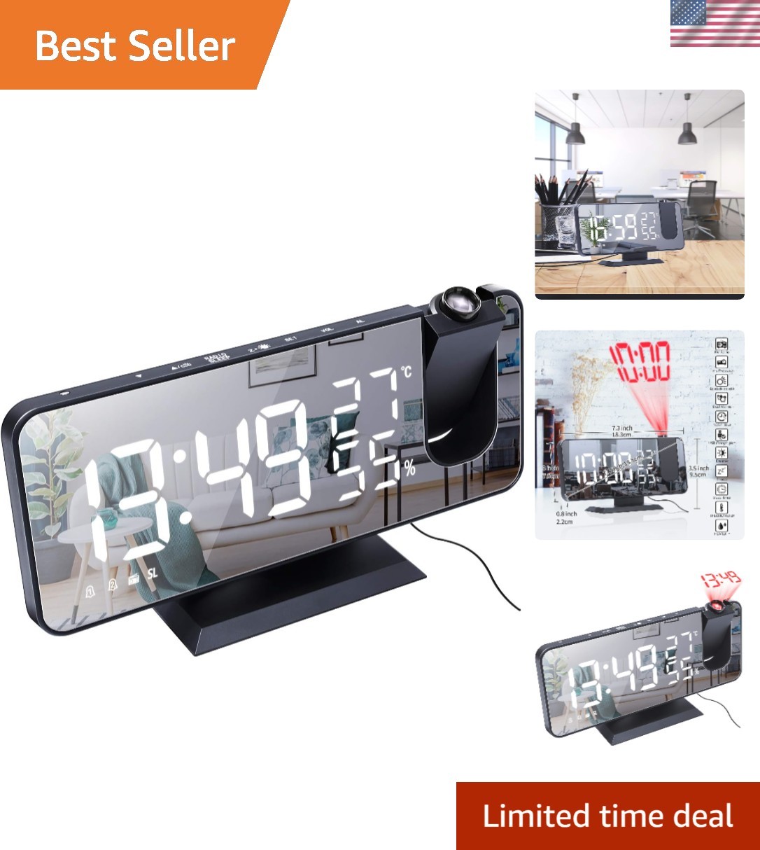 Smart USB Charging Projection Alarm Clock with FM Radio & LED Mirror Display