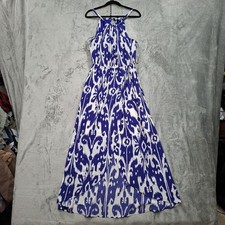 Athleta Womens Sundress Size M Blue White Ikat Bloom Maxi Lined Sleeveless Beach