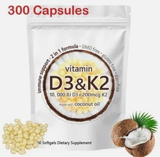 Vitamin D3 10000 iu Plus K2 (MK-7) 200 mcg, 300 Virgin Coconut Oil Softgels