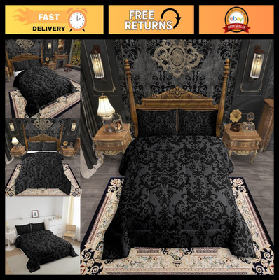 Black Damask Bedding Set - Antique Victorian Baroque Comforter Full Size, Floral