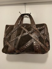 Donald Pliner Suede Crocodile Embossed Leather Studded Bag Chocolate Brown