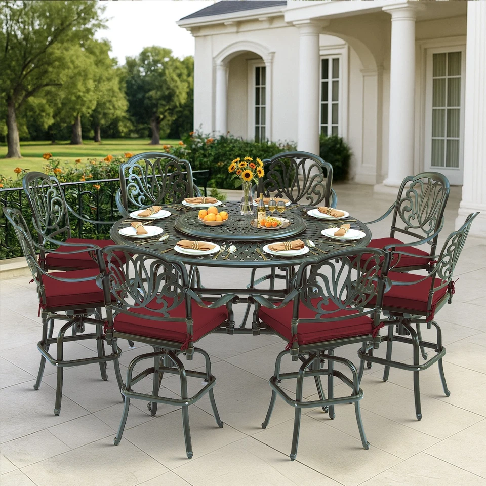 Juego de comedor de bar de aluminio fundido para patio de 10 piezas taburetes y mesa giratorios con Lazy Susan Foto 4 de 4