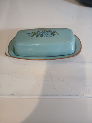 Vintage Taylor Smith Taylor Azura 2 Pc Butter Dish w Floral Lid Aqua Brown  MCM