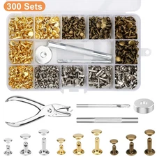 300PCS Double Cap Rivets Kit with Hole Punch Pliers Leathercraft Set Metal Studs