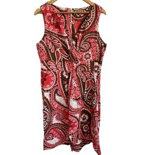 Talbots Womens Red Brown Paisley Cotton Sleeveless V-Neck Sheath Dress Size 14