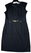 NWT Calvin Klein Shift Dress Sz 8 Black Gold Toned Accent Cap Sleeve Career Zip