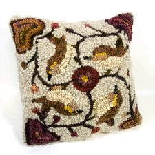 Vintage Hooked Wool Accent Throw Pillow Sara's Stitches Birds Hearts 13"