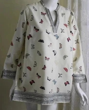 New Coldwater Creek PL P L Silky Butterfly Art-to-Wear Cotton Blouse Shirt Top