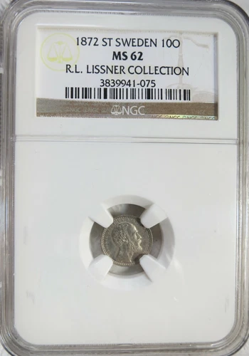 1872 ST Sweden 10 Ore Silver NGC MS 62 Lissner 
