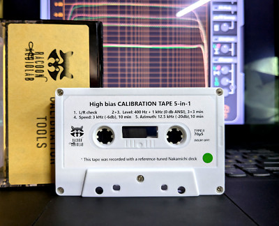 5-in-1 High bias Calibration cassette tape: L/R+400Hz+1kHz+3kHz+12.5kHz. Maxell+