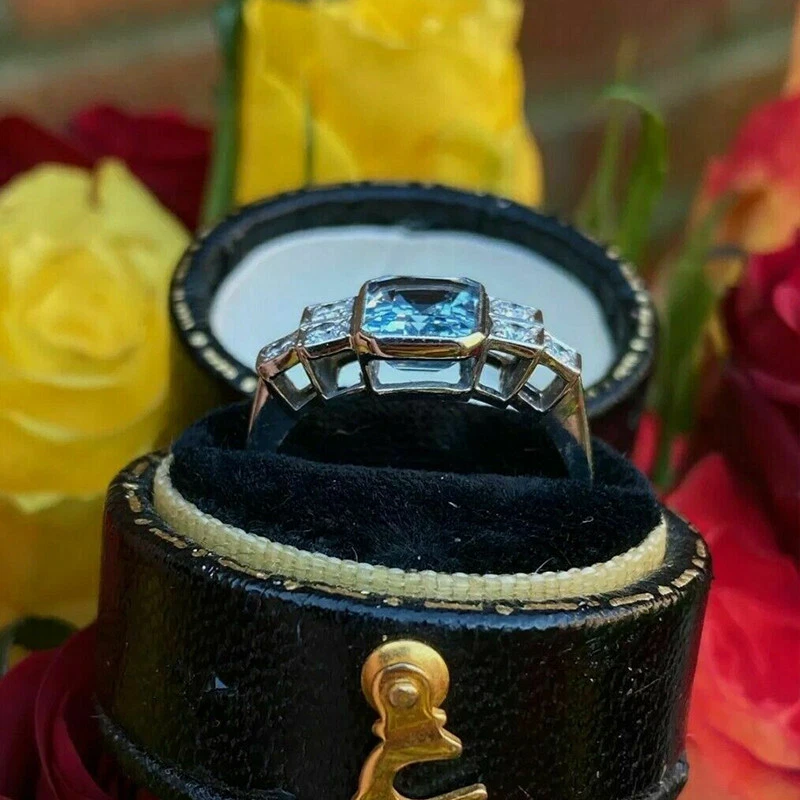 4Kt Aqua Blau Smaragd Damen Ring Diamant Verlobungsring Weißgold-Finish gr 52-62 - Bild 3 von 4