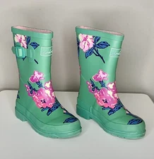 Joules Rubber Rainboots Girls size 1 - Welly Print Green w/ Pink Flowers