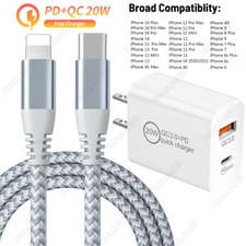 For iPhone 14 13 12 11 Pro Max X XR 8 QC PD 20W USB C Adapter Fast Charger Cable