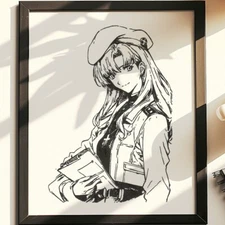 Hand Drawn (Not a Print) Evangelion Misato Katsuragi Framed Anime Ink Drawing