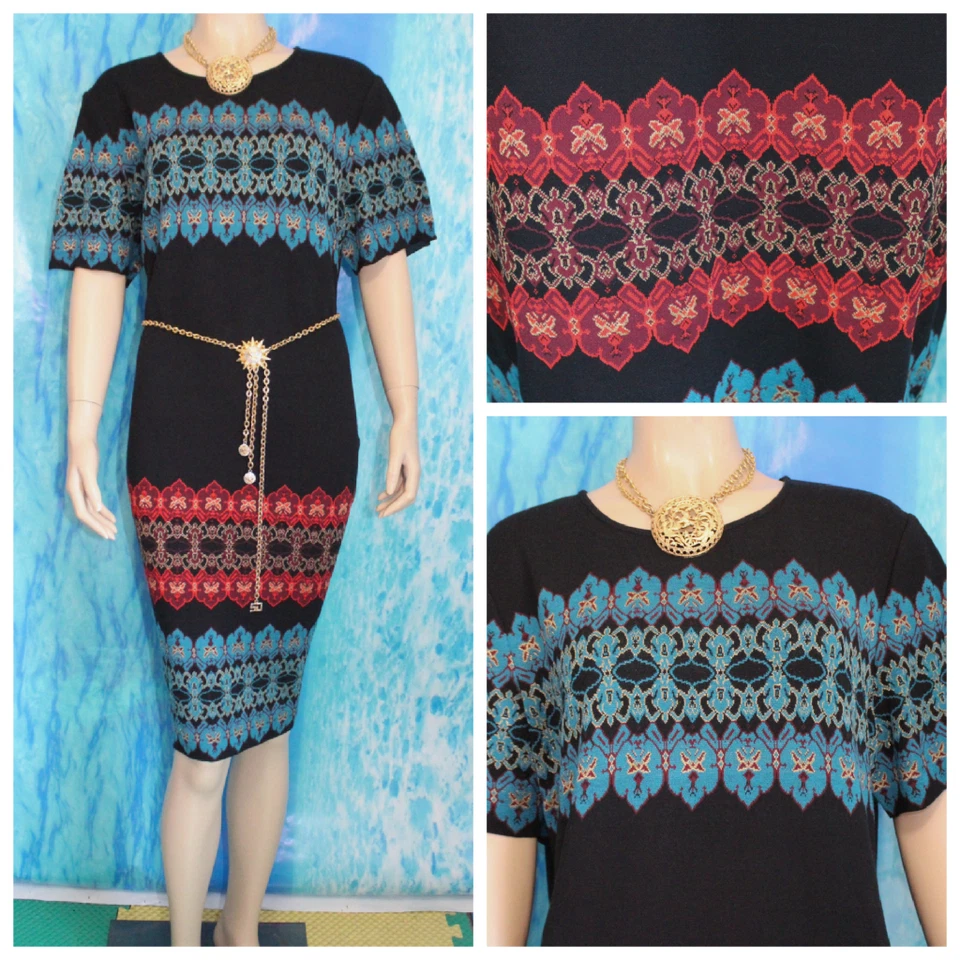 St. John Knits Black Blue Red Dress XL 16 14 Short Sleeved Gold Metallic Shimmer