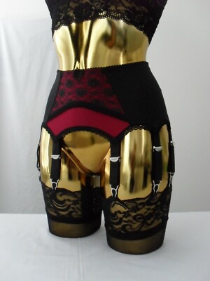 XL 14 Strap Black + Burgundy Lycra Arch Lace Designer Retro Sexy Suspender Belt