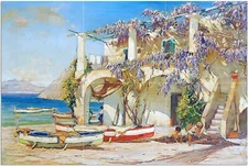 Capri by C. Westchiloff Sea Boats Tile Mural Kitchen Backsplash Marble Ceramic