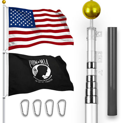 20 Ft Telescoping Flagpole Silver & American and POW Flags Spun 3x5 Ft