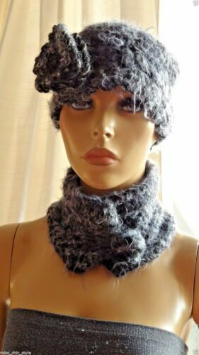 Denim Blue Knit Winter Cloche Hat Embellished Rolled Brim  display picture 3