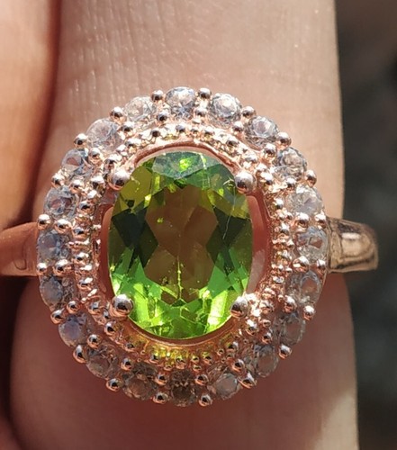 Rose Gold Plated Natural Green Peridot Ring 925 Sterling Silver Victorian Ring