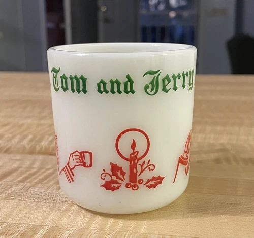 VTG MCM Hazel Atlas Milk Glass Tom & Jerry Christmas Holiday Eggnog Cup Mug