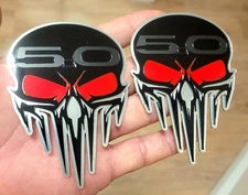 Angry Skull Red Eye 5.0 Car Emblem  Black on Silve,  2PC  Side Fender Badges