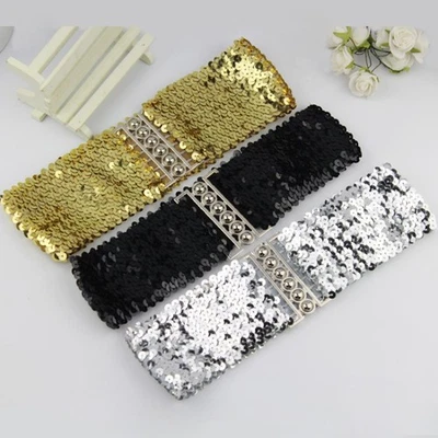 Damen Glitzer Pailletten Elastischer Gürtel Glänzend Bund Stretch Dekor 7cm Wide - Bild 1 von 4