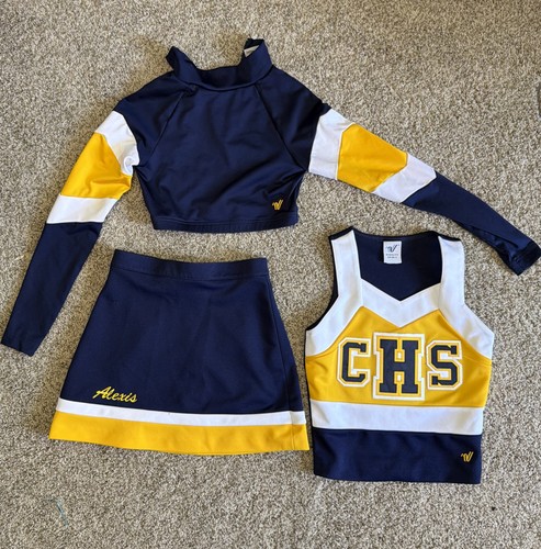 Varsity Spirit CHS 3 Piece Cheerleading Uniform Top Skirt Crop Top Navy Gold