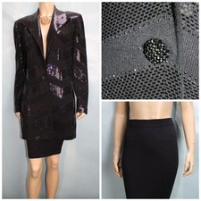 St. John Evening Black Jacket Skirt L Size 10 12 2pc Suit Sequined Button Studs