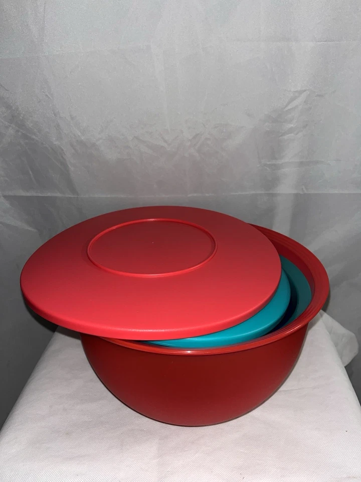 NEW Tupperware Impressions Bowl 3 pc Set Red Teal Green Indigo Blue with Seals - Image 4 of 4