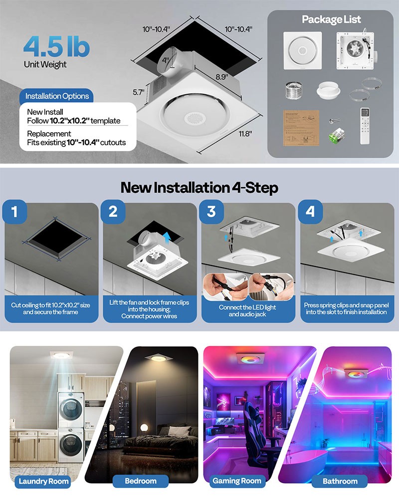 AutoFlow Bathroom Exhaust Fan with RGB Light & Humidity Sensor (30-110-160CFM)