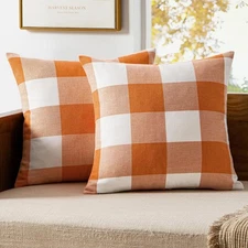 Pack of 2 Fall Throw Pillow Covers, Buffalo Check Plaid, 18x18 Inch, Orange