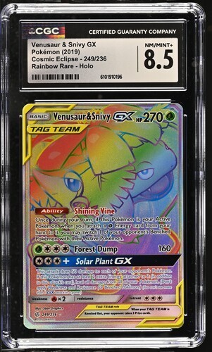 Venusaur & Snivy GX 249/236 Rainbow Rare - Cosmic Eclipse CGC 8.5 NM/MINT+