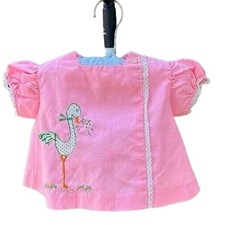 Vtg Infant Pink Dress Top w/ Swan Stitched Embroidered, 6-9 Months,