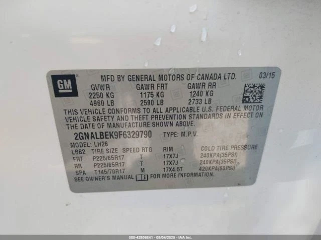 2015 Chevrolet Equinox Trunk Lid OEM White Used Local Pickup Only 2732813 - Image 4 of 4