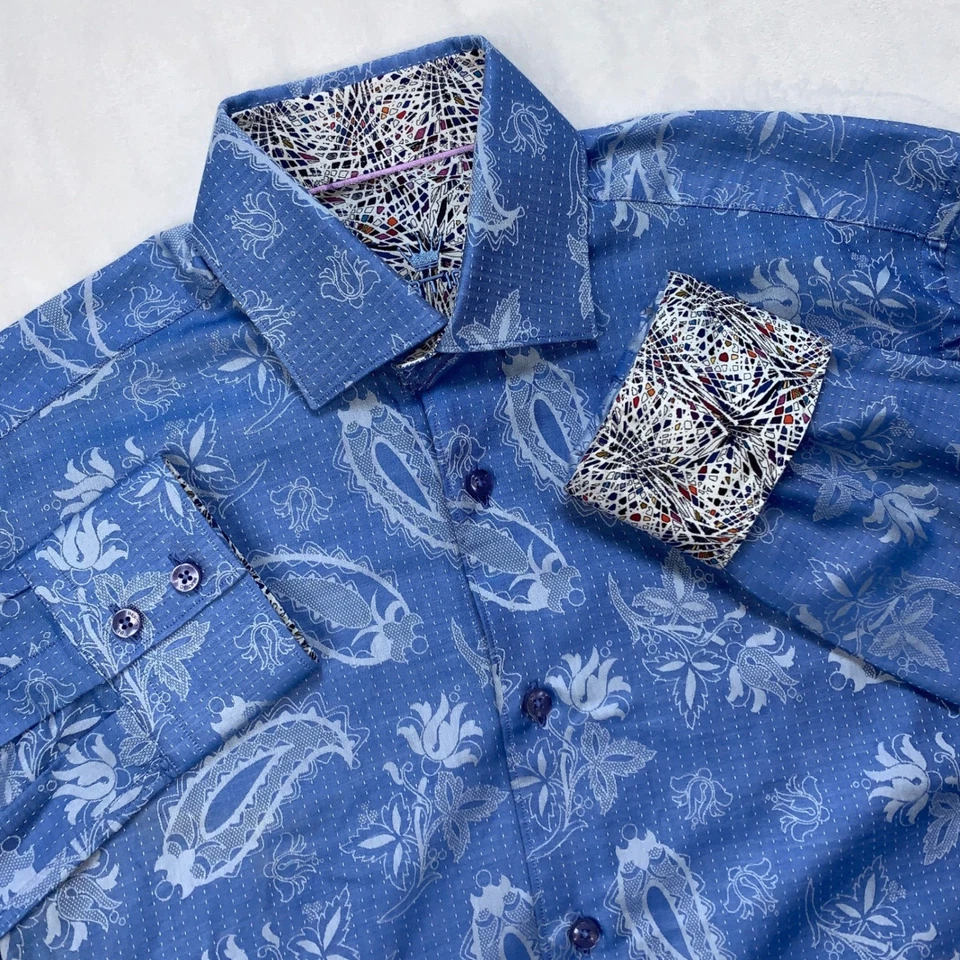 Bertigo Blue Paisley Floral Print Long Sleeve Button Up Shirt Mens S Dress Shirt - Image 2 of 4