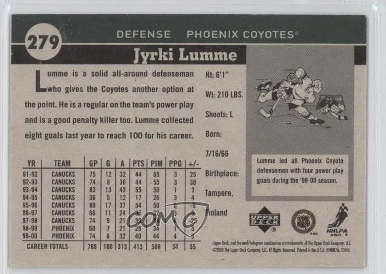 2000-01 Upper Deck Vintage Jyrki Lumme #279 - Image 2 of 2
