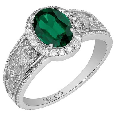 14K massiver Weißgold Vintage Stil geschaffen ovaler Smaragd & Diamant Heiligenschein Ring