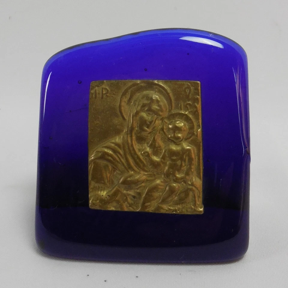 Vintage Cobalt Blue Glass Paperweight with Religious Metal Plaque - Image 2 of 4
