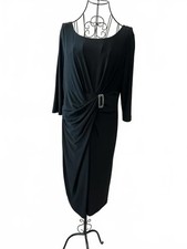 Vintage Nueva Black Ruched Buckle Midi Dress UK 16 Stretch Evening Dress