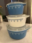 Vintage Pyrex Snowflake Blue and White Garland Casserole Set