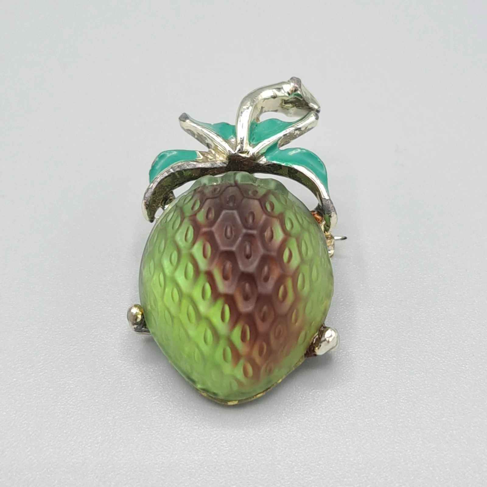 Vintage Molded Glass Enameled Strawberry (Green/Red) Mini Brooch Pin Mid Century