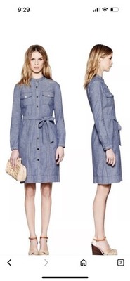 Tory Burch Belted Cora Chambray Stonewashed Long sleeve Button Up Shirt Dress 4