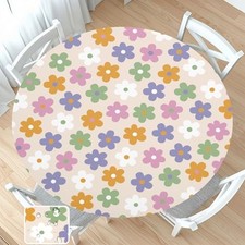 Floral Round Fitted Tablecloth with Elastic Pink Flower Circle Table Cloth for