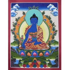 Medicine Buddha Thangka Painting, Healing Buddha Tibetan Wall Art