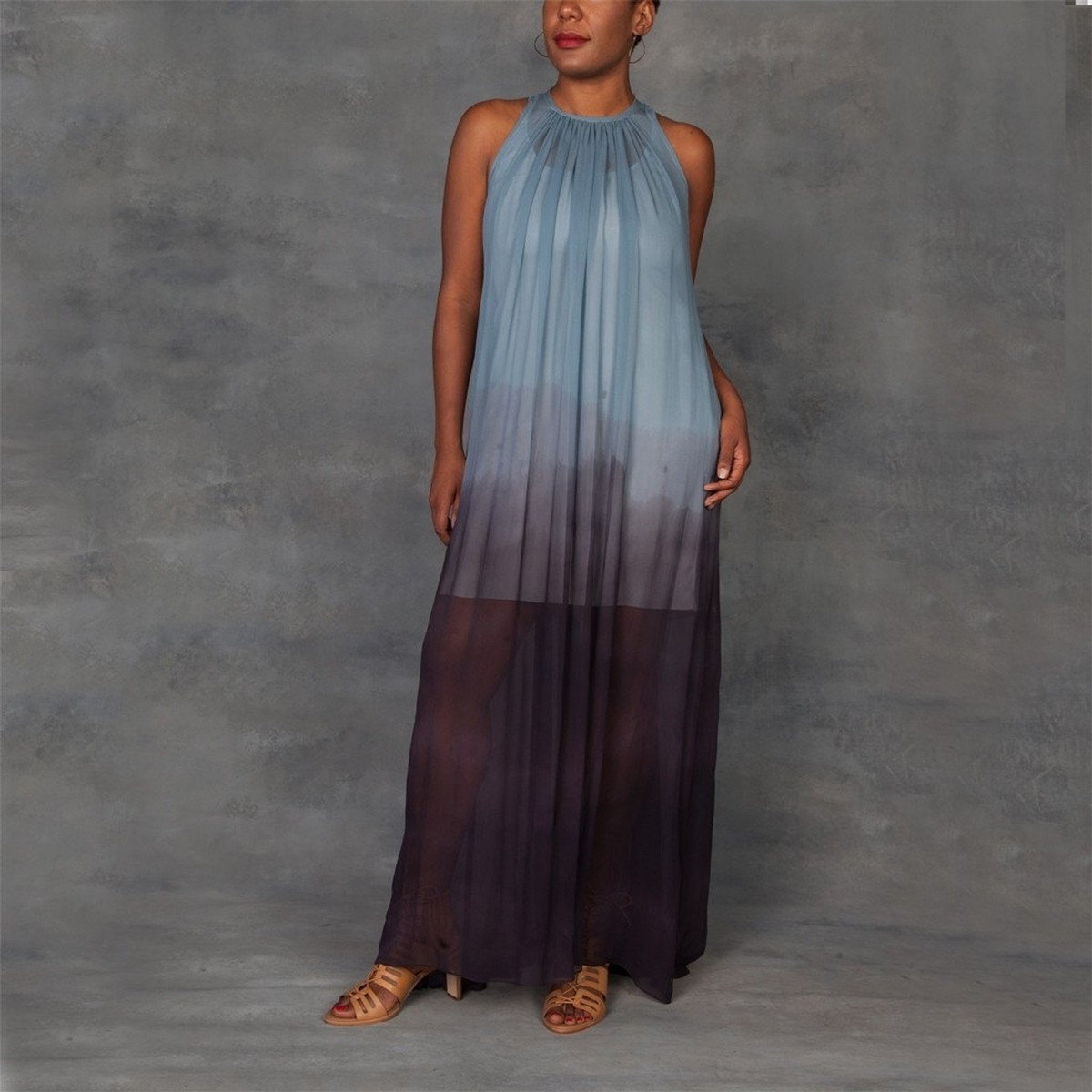JILL AIKO YEE Awaken Blue Ombre Silk Sleeveless Shift Maxi Dress Size Small