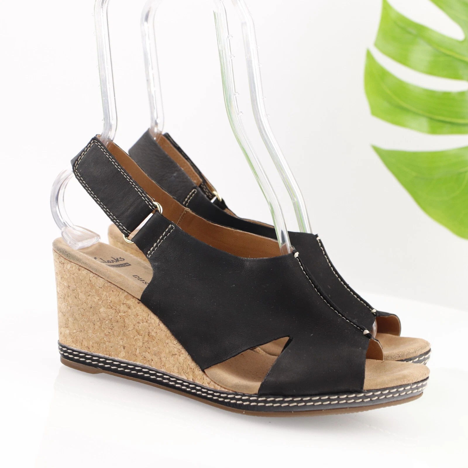 Sandalo donna Clarks Helio float taglia 9 M nero pelle sughero zeppa tacco slingback