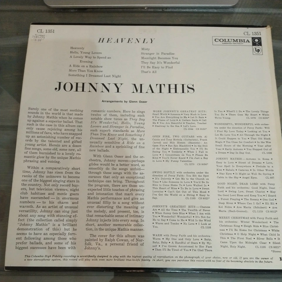 LP Vinyl Records Johnny Mathis-Heavenly LP Columbia CL 1351 Good Condition - Image 2 of 4