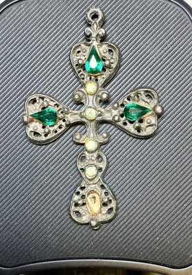 Vintage Cross Pendant Charm Ornate With Rhinestones Emerald Peridot Pewter?