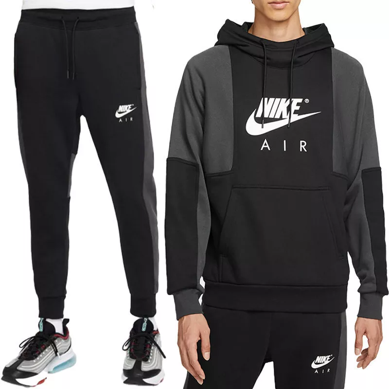 Nike Air Mens Full Tracksuits Set Fleece Contrast Black Sweat Top Hoodie  Jogger